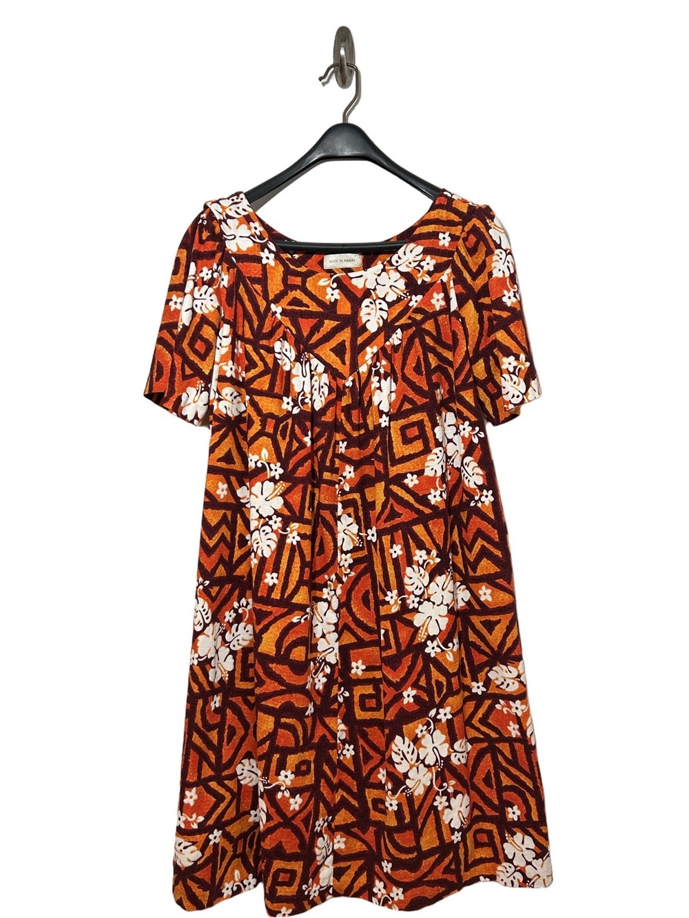 Vintage Hawaiian cotton barkcloth Women's Orange Floral Dress